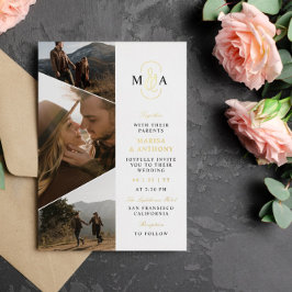 Invitación Con Relieve Metalizado Elegante Monograma Fotos Asimétricas Boda Oro