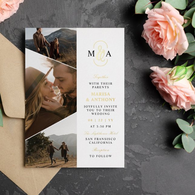 Invitación Con Relieve Metalizado Elegante Monograma Fotos Asimétricas Boda Oro (Subido por el creador)