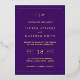 Invitación Con Relieve Metalizado Elegante Monograma Jewel Tone Purple Boda Gold