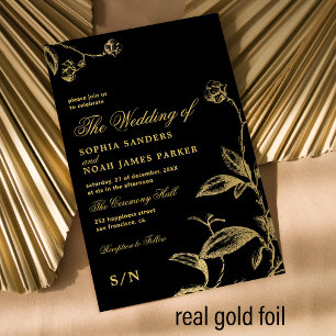 Invitación Con Relieve Metalizado Elegante monograma negro boda floral moderno oro