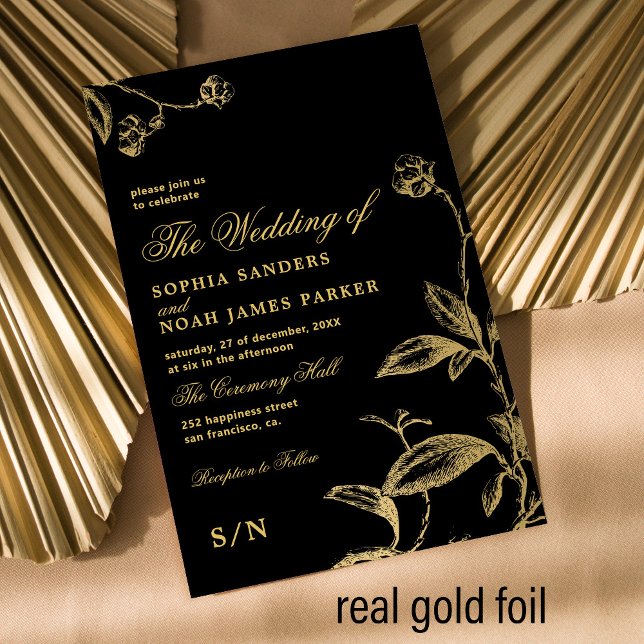 Invitación Con Relieve Metalizado Elegante monograma negro boda floral moderno oro (Please note that you can choose the color of FOIL: GOLD, ROSE GOLD or SILVER)