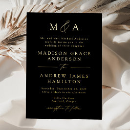 Invitación Con Relieve Metalizado Elegante Monograma Negro y Dorado Moderno para Bod