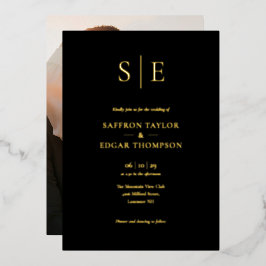 Invitación Con Relieve Metalizado Elegante Monograma Negro Y Oro Boda De Fotografía