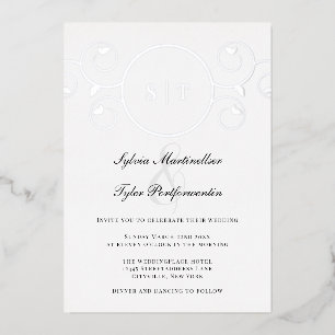 Invitación Con Relieve Metalizado Elegante Monograma Plata Boda Negro