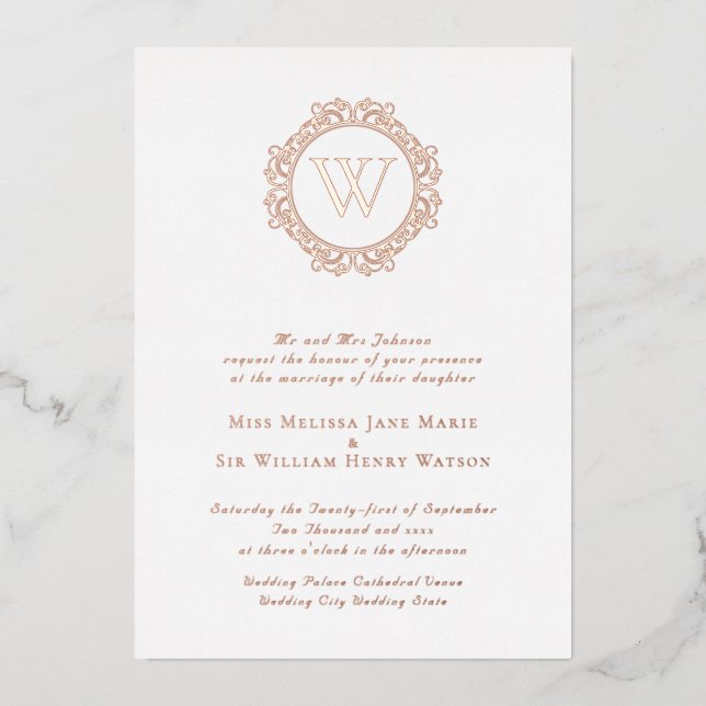 Invitación Con Relieve Metalizado Elegante Monograma Rosa formal oro (Anverso)