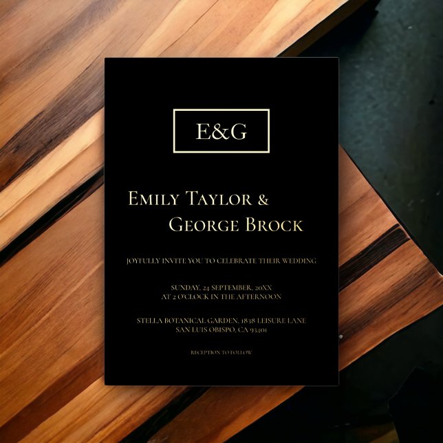 Invitación Con Relieve Metalizado Elegante Monograma Sencillo Negro Y Oro Boda (Subido por el creador)