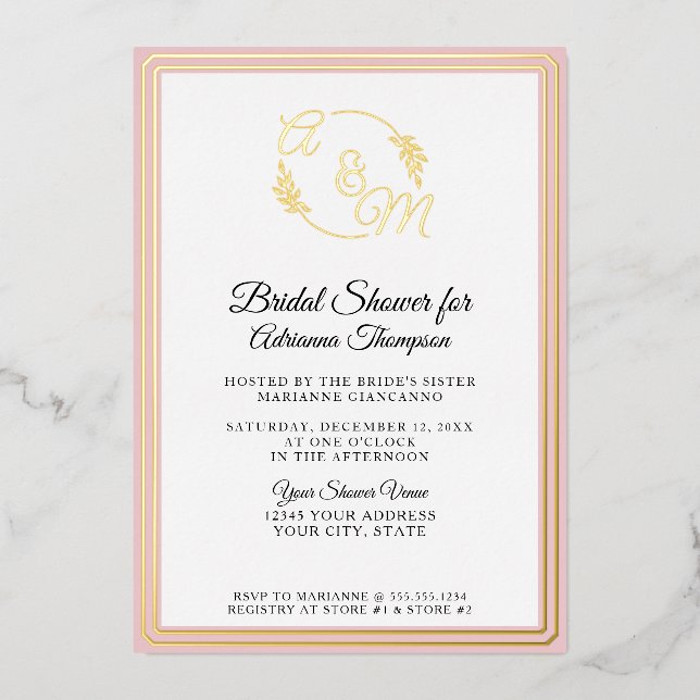 Invitación Con Relieve Metalizado Elegante Monograma Simple Dorado Rosa Ducha Nodal (Anverso)
