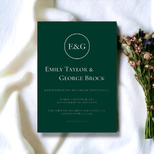 Invitación Con Relieve Metalizado Elegante Monograma Simple Esmeralda Boda Plata