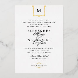Invitación Con Relieve Metalizado Elegante Monograma Vintage Negro y Blanco Bodas I