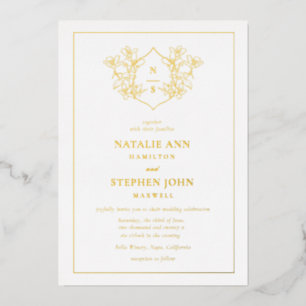 Invitación Con Relieve Metalizado Elegante Monograma Wreath Boda Gold