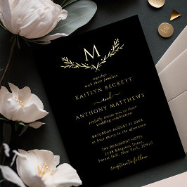 Invitación Con Relieve Metalizado Elegante Monograma Wreath Boda Real
