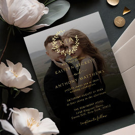 Invitación Con Relieve Metalizado Elegante Monograma Wreath Photo Boda Real