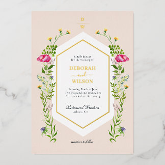 Invitación Con Relieve Metalizado Elegante Monogramado Acuarela Floral Boda Foi