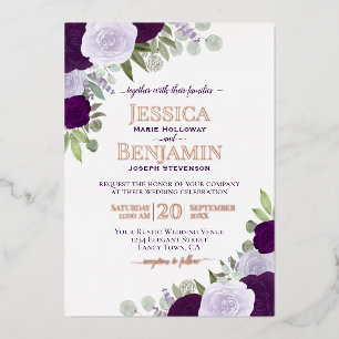 Invitación Con Relieve Metalizado Elegante Morado Boho Floral con Rosa Boda de Oro