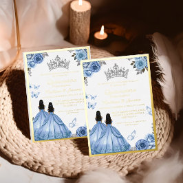Invitación Con Relieve Metalizado Elegante moscarda azul floral Quinceanera