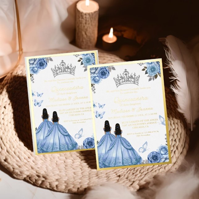 Invitación Con Relieve Metalizado Elegante moscarda azul floral Quinceanera (Subido por el creador)