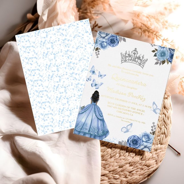 Invitación Con Relieve Metalizado Elegante moscarda azul floral Quinceanera (Subido por el creador)