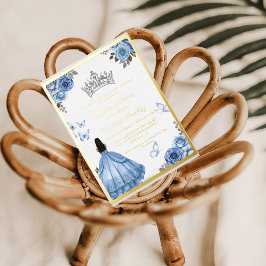 Invitación Con Relieve Metalizado Elegante moscarda azul floral Quinceanera