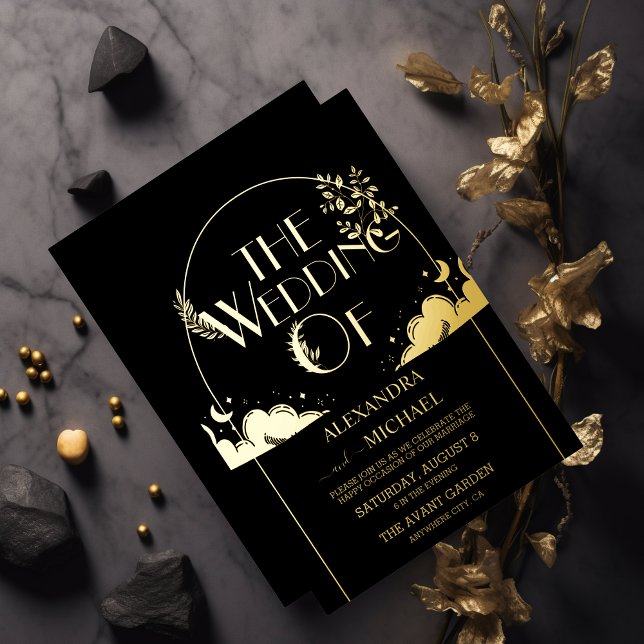 Invitación Con Relieve Metalizado Elegante Mystical Black Gold Clouds Moon Boda (Subido por el creador)