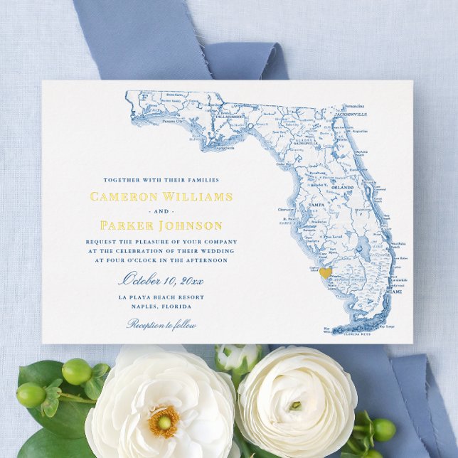 Invitación Con Relieve Metalizado Elegante Nápoles Florida Boda Naval y Oro (Elegant Gold Foil Florida Wedding invitation with heart over Naples from Coastal Map Designs)
