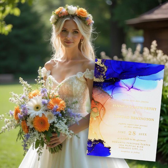 Invitación Con Relieve Metalizado Elegante Naranja azul zafiro Boda oro (Elegant Sapphire Blue Orange Wedding Gold Foil Invitation)