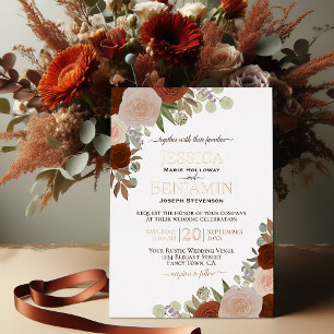 Invitación Con Relieve Metalizado Elegante Naranja Floral Óxido con Boda de Oro Rosa