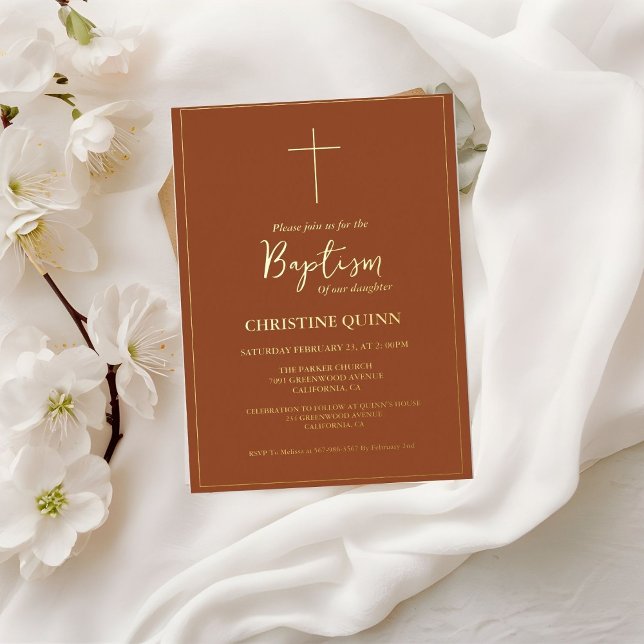 Invitación Con Relieve Metalizado Elegante Naranja quemado y bautismo de oro y crist (Subido por el creador)