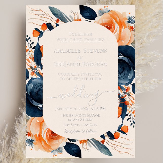 Invitación Con Relieve Metalizado Elegante Naranja quemado y Boda floral azul de la  (Subido por el creador)