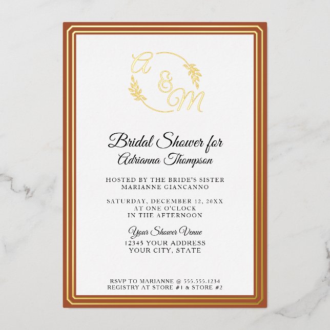 Invitación Con Relieve Metalizado Elegante Naranja Sencillo Quemado Dorado Ducha Bri (Anverso)