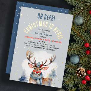 Invitación Con Relieve Metalizado Elegante Navidad Invierno Reno Acuarela