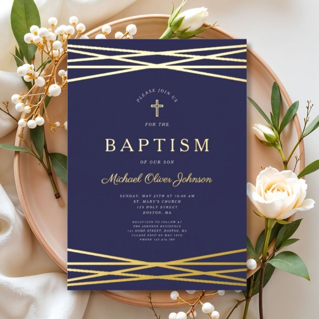 Invitación Con Relieve Metalizado Elegante Navy Blue Boy Baptism Gold (Elegant Navy Blue Boy Baptism Gold Foil Invitation)