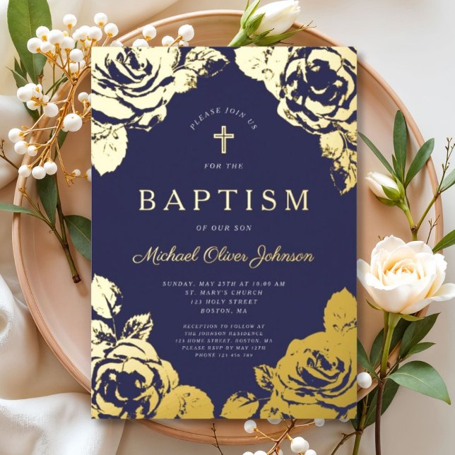 Invitación Con Relieve Metalizado Elegante Navy Blue Floral Boy Baptism Gold (Elegant Navy Blue Gold Floral Boy Baptism Foil Invitation)