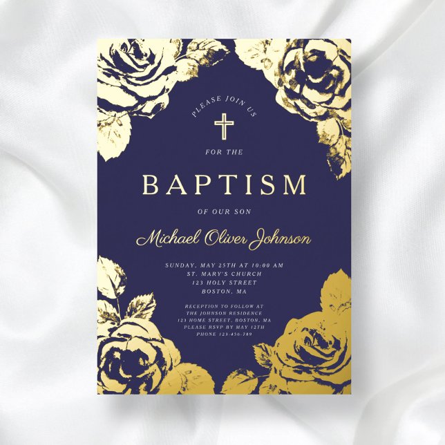 Invitación Con Relieve Metalizado Elegante Navy Blue Floral Boy Baptism Gold (Elegant Navy Blue Gold Floral Boy Baptism Foil Invitation)