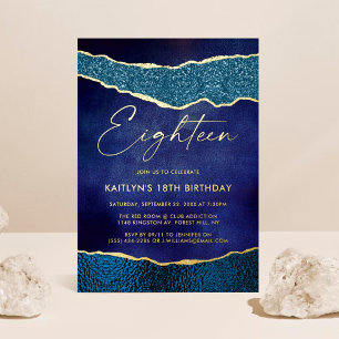 Invitación Con Relieve Metalizado Elegante Navy Blue Geoed Agate 18th Birthday Real