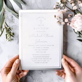 Invitación Con Relieve Metalizado Elegante Navy Blue Silver Script Bautismo religios