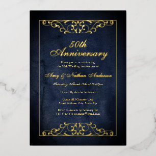 Invitación Con Relieve Metalizado Elegante Navy Gold 50º Aniversario de Bodas