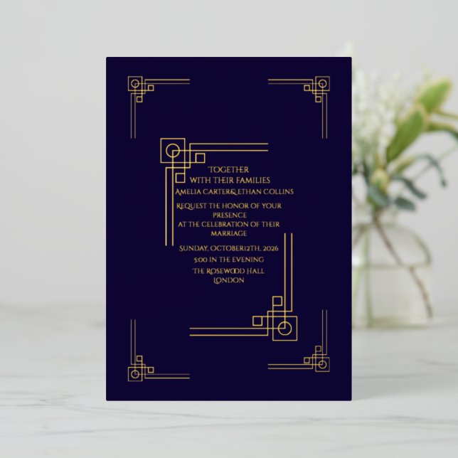 Invitación Con Relieve Metalizado Elegante Navy & Oro Art Déco Personalizado (Anverso de pie)