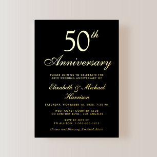 Invitación Con Relieve Metalizado Elegante Negro 50 Aniversario de Boda Oro