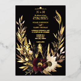 Invitación Con Relieve Metalizado Elegante negro, borgoña y floral boho oro 