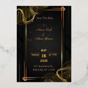 Invitación Con Relieve Metalizado Elegante Negro Chic y Dorado