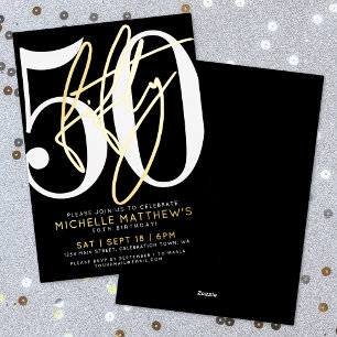 Invitación Con Relieve Metalizado Elegante Negro Cumpleaños 50 Quincuagésimo Anivers