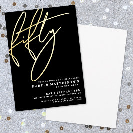 Invitación Con Relieve Metalizado Elegante Negro Cumpleaños 50 Quincuagésimo Dorado