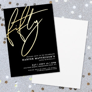 Invitación Con Relieve Metalizado Elegante Negro Cumpleaños 50 Quincuagésimo Dorado