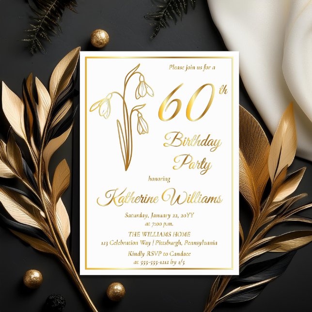 Invitación Con Relieve Metalizado Elegante Nieve estampada en la fiesta de cumpleaño (Elegant January Birth Month Snowdrops Floral "60th Birthday Party" Stamped Gold Foil Invitations)