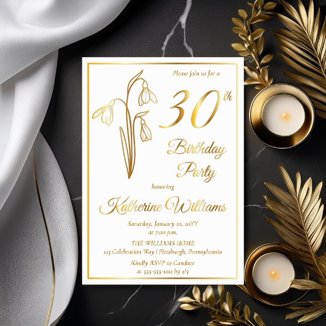 Invitación Con Relieve Metalizado Elegante Nieve estampada Fiesta de cumpleaños núme (Elegant January Birth Month Snowdrops Floral "30th Birthday Party" Stamped Gold Foil Invitations)