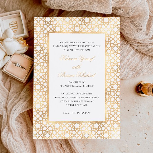 Invitación Con Relieve Metalizado Elegante Nikkah Oriental Boda Ceremonia Gold (Subido por el creador)