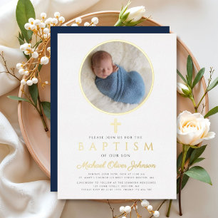 Invitación Con Relieve Metalizado Elegante Niño Azul Marino Religioso Foto Bautizo O