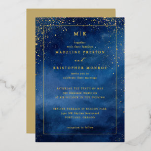 Invitación Con Relieve Metalizado Elegante Noche Estrellada Azul Marino