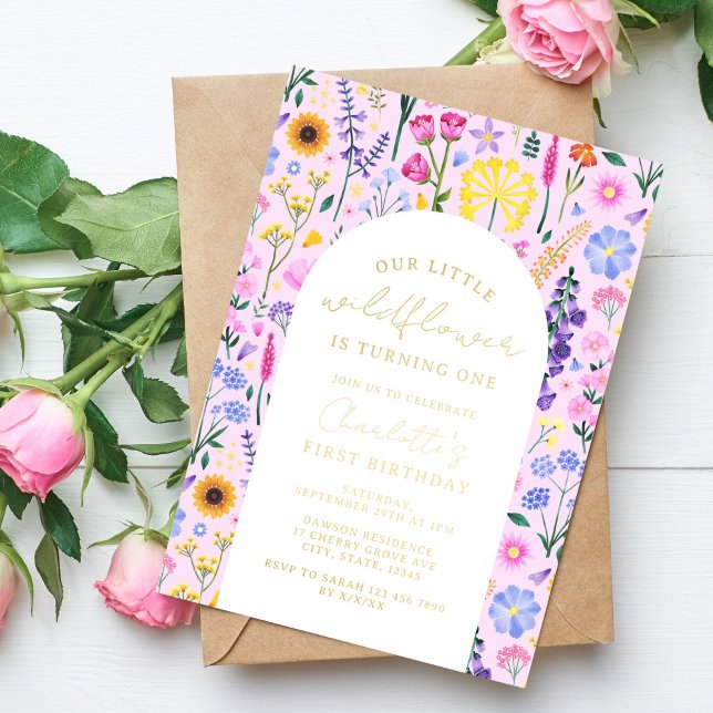 Invitación Con Relieve Metalizado Elegante Nuestro Pequeño Chica De Flores Silvestre (Spring Wildflower Girl's Birthday Foil Invitation)