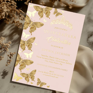 Invitación Con Relieve Metalizado Elegante ópera de Rubor de mariposa rosa Quinceane
